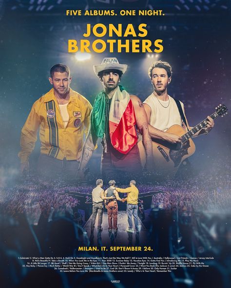 Poster Concerto Milano Jonas Brothers fatto da flavisrare Jonas Brothers Poster, Jonas Brothers Collage, Jonas Brothers Aesthetic Concert, Jonas Brothers The 3d Concert Experience, Jonas Brothers Magazine, Jonas Brother Concert, Joe Jonas, Nick Jonas, Jonas Brothers