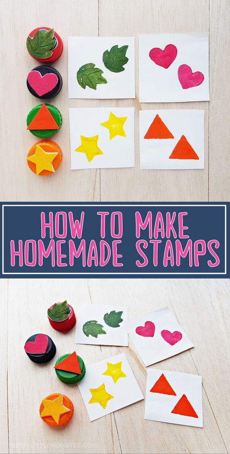 Homemade stamps - How to make a stamp tutorial Home Made Stamps For Kids, Diy Paint Stamp, Stamp Diy How To Make, Sponge Stamps Diy, How To Make A Rubber Stamp, Easy Diy Stamps Homemade, Diy Stamps For Kids, How To Make Your Own Stamp, Making Stamps Diy