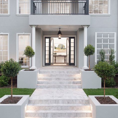 Don't miss a step at night with lighting leading the way to your front door. 
Custom-built french doors add to the country charm. 
The unique flooring combines the timber floors internally, and the outdoor tiles. This front entrance gives you a taste of what's to come in this $2.8M Prize Home Front Door Tiles Entrance Outside, Front Entrance Steps, Front Entry Stairs, Entrance Steps, Outside Steps, Front Stairs, Timber Floors, Entry Stairs, Building Front