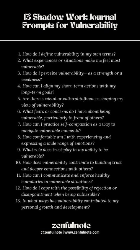 Exploring your relationship with vulnerability is an important aspect of personal growth and connection with others. Exploring vulnerability is an ongoing process, and these questions can serve as a starting point for deeper self-reflection. Embracing vulnerability often leads to more authentic connections, increased resilience, and personal empowerment. Vulnerability Quotes, Shadow Work Spiritual, Shadow Work Prompts, Shadow Work Journal Prompts, Work Journal Prompts, Mindfulness Journal Prompts, Shadow Work Journal, Journal Questions, Journal Inspiration Writing