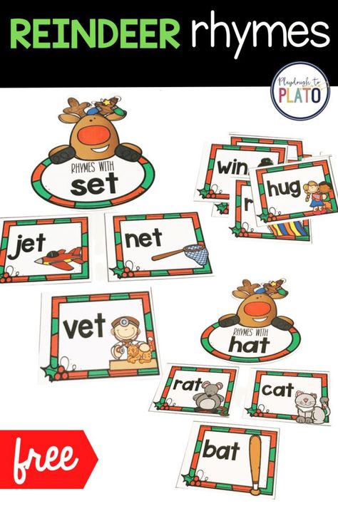 These reindeer rhyming cards will be a fun and engaging rhyming activity for the holiday season! Perfect for preschool and kindergarten kids! This can be made into an easy literacy center or used for small group instruction! #rhyminggames #christmasactivities #literacycenters Christmas Literacy Activities Kindergarten, Christmas Literacy Centers Kindergarten, Christmas Rhyming Activities, Christmas Rhyming, Elementary Activity, Christmas Literacy Centers, Christmas Literacy Activities, December Themes, Winter Centers