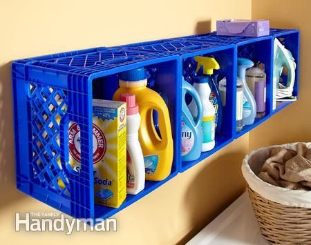 Easy Storage Ideas - Article | The Family Handyman . Cheap and quick shelving for laundry room! Plastic Crates, Milk Crates, Laundry Room Storage, Garage Organization, Garage Storage, Room Organization, Diy Storage, Storage Ideas, Organization Hacks