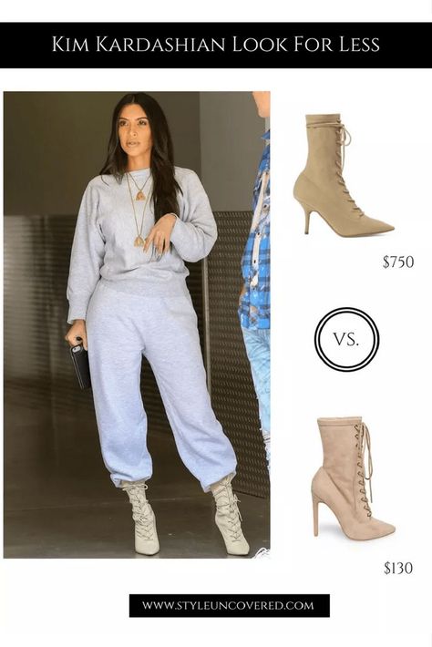 Kim Kardashian Sweatpants Tan Lace-up Booties Outfit Sweat Pants And Heels Outfits, Kim Kardashian Sweatpants, Sweatpants And Heels Outfits, Sweats With Heels, Sweatpants With Heels, Sweats And Heels, Sweatpant Outfits, Sweatpants Look, Kendall Jenner Style Casual