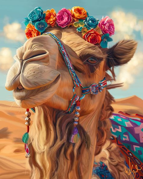 It’s finally finished!! This cute AF #camelprint finally lives in the wild. I’ve been super inspired by #marrakechstyle and dreaming of #desertvibes . And since I can’t go to the desert yet, I decided to paint a super cute camel with colorful reigns and to add some bright florals to it. Not only is this the largest #gouachepainting I’ve made (16”x20”) - I learned a lot about texture and hair. I’ve never painted an animal before. But the hair and fur brushes by @floortjesart gave me some confi... Camel Painting, Desert At Night, Camel Art, Marrakech Style, Camels Art, Clown Paintings, Desert Aesthetic, Collage Images, Gouache Illustrations