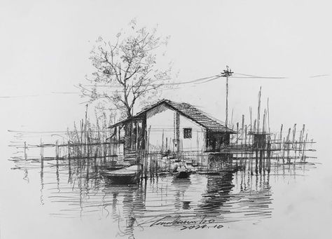 Japanese Ink Landscape, Landscape Pen Drawing, Landscape Sketch Pencil, House Sketch Architecture, Pen Sketch Ideas, Landscape Sketches, Landscape Pencil Drawings, Pen Art Work, Watercolor Art Landscape