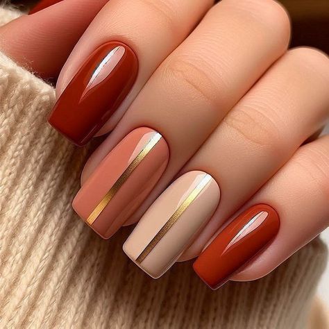 Burnt Orange Manicure, Warm Tone Nails Design, Burnt Orange Nails Designs Fall, Burnt Orange And Gold Nails, Terracotta Nails, Burnt Orange Nails, Color Block Nails, Simple Fall Nails, September Nails