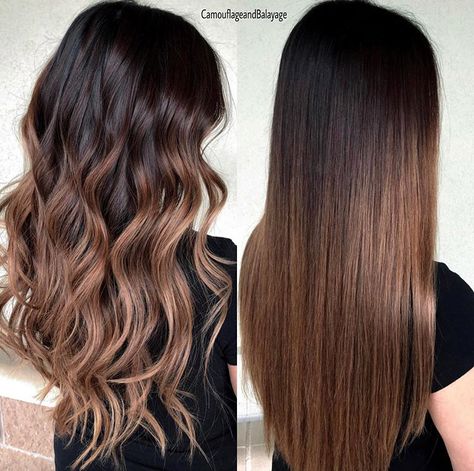 Brown Ombre Hair Color Ideas, Chestnut Brown Hair Ombre, Dark Brown Hair With Caramel Ombre, Dark Brown To Caramel Ombre, Caramel Ombre On Black Hair, Honey Brown Balayage Straight Hair, Dark Brown Hair With Light Ends, Honey Balayage On Black Hair, Caramel Ombre Hair Honey