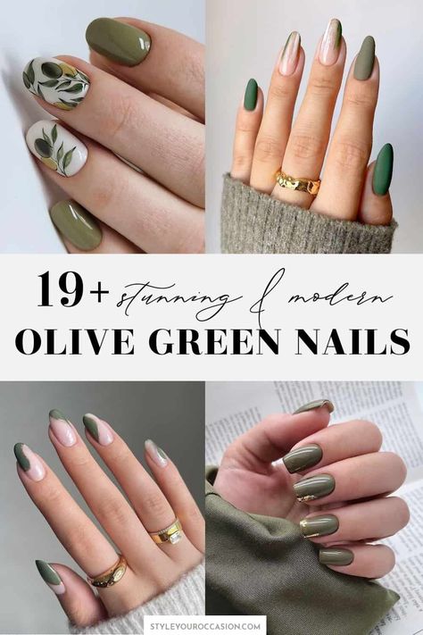 Looking for ideas for the perfect olive green nails? Check out these stunning olive green nail designs that are modern and chic. There's short and long olive nails, with coffin, almond, round, and square shapes, along with matte, shiny, French tip, or with gold foil, silver, and more! These nails are perfect for winter, spring, or fall! Sage Nails Acrylic Short, Khaki Almond Nails, Green Colour Nail Art Design, Short Nail Designs Olive Green, Green Olive Nails Designs, Gold And Olive Green Nails, Olive Green Nails Designs Fall Almond, Khaki Nail Art, Fall Sage Nails