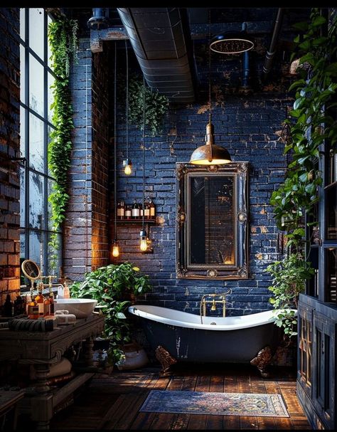 Blue Brick House, Vintage Decor Bathroom, Modern Vintage Bathroom, Vintage Bathroom Decor, Dark Home Decor, Modern Vintage Decor, Dark Home, Brick Walls, Bathroom Trends