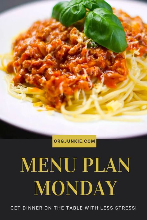 Menu Plan Monday ~ January 13/20 Weekly Dinner Inspiration at I'm an Organizing Junkie blog #menuplan Spaghetti Bolognese Recipe, Quick Family Meals, Weekly Dinner, Easy Spaghetti, Meat Free Monday, Bolognese Recipe, Dinner This Week, Spaghetti Bolognese, Menu Plan