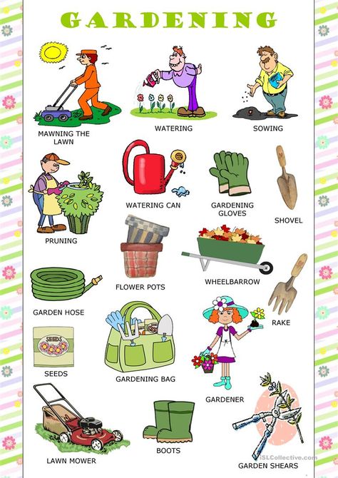 Gardening Activities, Spanish Garden, English Teaching Materials, Esl Vocabulary, Picture Dictionary, Kids Worksheets, English Verbs, Vocabulary Worksheets, English Teaching