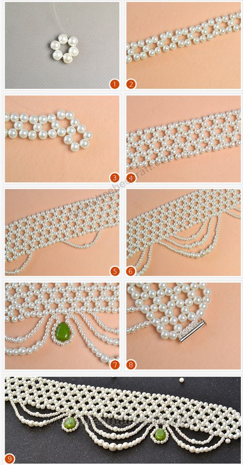 How To Make Beaded Chokers, Pearl Jewelry Tutorial, Necklace Patterns Beads, Bead Choker Diy, Pearl Collar Necklace, Beaded Jewelry Tutorials Necklaces, Beaded Necklace Patterns Tutorials, Beading Techniques How To Make, Beaded Bracelet Patterns Tutorials