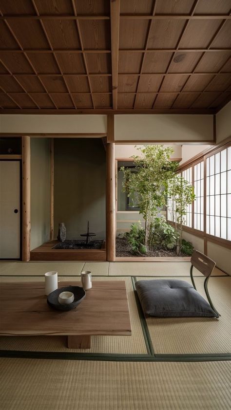 Zen Garden Inside House, Japanese Wood Interior Design, Dark Wood Japanese Interior, Japanese Indoor Design, Zen Garden Interior, Japanese Wood Interior, Tatami Mat Living Room, Japanese Zen Living Room, Tatami Room Modern