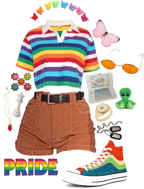 Happy Pride :) Outfit | ShopLook Aesthetic Rainbow Outfits, Outfits To Wear To Pride Parade, Simple Pride Outfit Ideas, Lgbtq Pride Outfit Ideas, Pride Clothes Aesthetic, Gaycore Outfits, Pride Clothing Ideas, Casual Kidcore Outfits, Rainbow Core Aesthetic Outfit