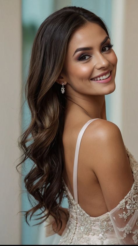 Looking for bridesmaid hair inspo Check out these gorgeous styles for long simple and elegant hairstyles From side part to half up half down updos medium length down short ponytail braid and bun ideas these looks are perfect for brunettes at weddings with bangs or curly hair Homecoming Hairstyles Side Part, Bridesmaid Curled Hair Down, Front View Hairstyles, Curled Hair Side Part, Side Curls Wedding Hair, Easy Elegant Hairstyles For Medium Hair, Hairdo Simple Elegant, Bridal Hair Down Middle Part, Simple And Elegant Hairstyles