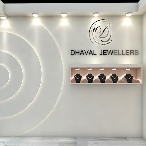 Jewellery Shop False Ceiling Design, Modern Jewelry Store, Brand Wall, Hoarding Design, Jewelry Store Interior, Commercial Design Exterior, Jewellery Shop Design, Jewelry Store Design, Wall Logo