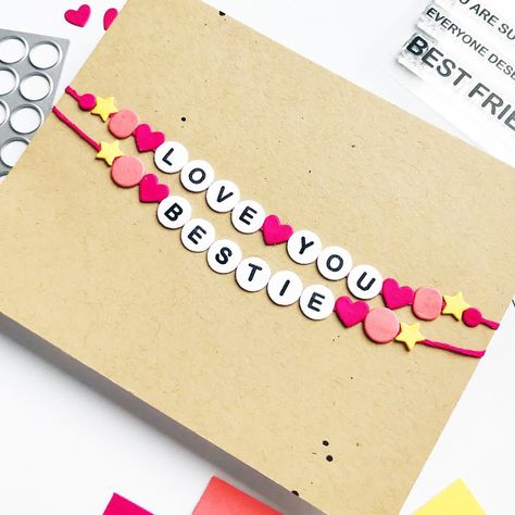 Have you seen the new @concordand9th Best Friend Vibes sets? You can build your own paper friendship bracelets! Or you can be inspired by the negative die cut of the circle beads and use that like I did😆 And of course I put glitter paste over ink blending behind it! But swipe to see the bracelet card that I started with. P.S. I’m thrilled to be guesting with @concordand9th this month!!! They are so kind and have such great stuff!!!❤️ #concordand9th #cardmaking Paper Friendship Bracelets, Friendship Cards Diy, Best Friend Vibes, Friends Vibe, Friend Vibes, Diy Gift For Bff, Bracelet Card, Ink Blending, Concord And 9th