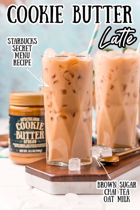 This Cookie Butter Latte is another Starbucks Secret Menu recipe taking TikTok by storm! It's sweet, delicious, creamy, and tastes just like Trader Joe's Speculoos Cookie Butter! via @sugarandsoulco Cookie Butter Smoothie, Cookie Butter Starbucks Drink, Cookie Butter Latte Recipe, Cookie Butter Drinks, Cookie Butter Coffee Recipe, Cookie Butter Coffee, Cookie Butter Latte Starbucks, Cookie Butter Iced Coffee, Cookie Butter Latte