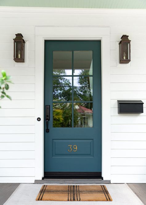 Rundown House, Complete House Renovation, Blue Ceilings, Colonial Exterior, Charleston Homes, Front Door Colors, Wall Paint Colors, Open Layout, Brick Fireplace