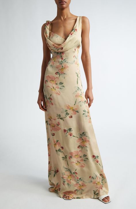 TOTEME Floral Print Twist Drape Maxi Dress | Nordstrom Patterned Bridesmaid Dresses, Floral Satin Dress, Floral Bridesmaid Dresses, Fall Bridesmaid Dresses, Drape Maxi Dress, Floral Bridesmaid, Floral Gown, Embroidered Maxi Dress, Maxi Dress Formal