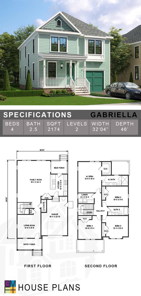 The Gabriella model home is designed for a narrow urban lot. In neighborhoods where traditional architectural styling is preferred, a front-loaded garage may be undesirable. In the Gabriella plan, the garage is recessed such that shadows and plantings diminish the prominence of the garage door. This plan offers four bedrooms on the second floor and a large open living area on the first floor while an efficient layout keeps the overall living space under 2,200 SF and 32’4” wide. Second Floor Floor Plan, Second Floor Plans Layout, Cute House Floor Plans, American House Layout, Floor Plans No Garage, Small Family Home Floor Plans, Sims 4 Layout Floor Plans, Sims Floor Plans, Home Layout Plans