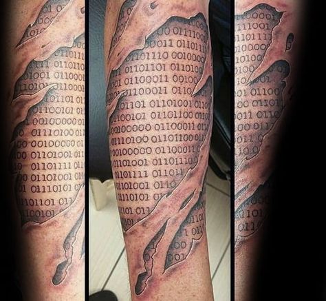 Ripped Skin Binary Mens Forearm Tattoos Binary Code Tattoo, Binary Tattoo, Computer Tattoo, Rex Salazar, Skin Tear, Code Tattoo, Tech Tattoo, Blood Tattoo, Science Tattoo