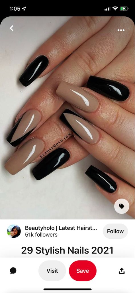 Black And Tan Acrylic Nails Coffin, Dip Powder Nails With Designs Black, Black And Beige Nails Acrylic, Neutral With Black Nails, Tan Nails Black Tip, Black Gel Nail Designs Coffin, Brown Nails Black Tips, Beige Nails Black Tips, Beige Nails With Black Design