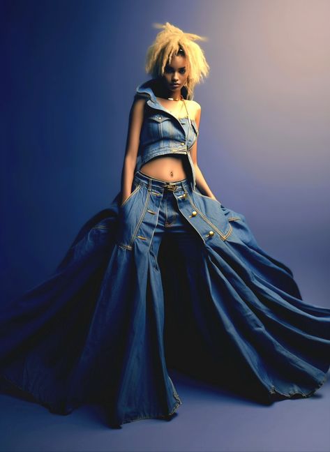 Ai generated fashion inspired by AfroCyberPunk Denim Design Fashion, Denim Fashion Design, Denim High Fashion, Denim Gown, Denim Ruffles, Denim Wedding Dresses, Fashion Transformation, Denim Photoshoot, Fashion Design Books