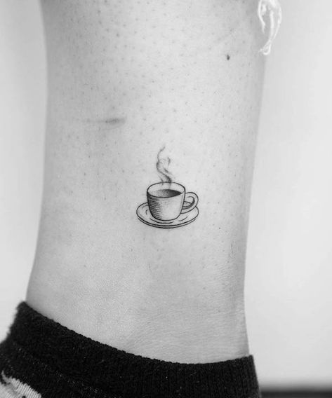 Espresso Tattoo Ideas, Coffee Small Tattoo, Teacup Tattoo Design, Coffee Mug Tattoo Ideas, Coffee Cup Tattoo Ideas, Coffee Book Tattoo, Coffee Cup Tattoo Design, Simple Coffee Mug Tattoo, Cappuccino Tattoo