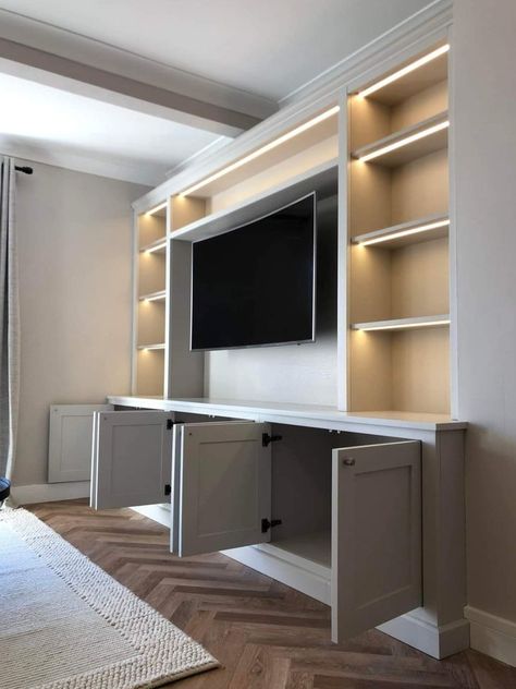 Modern Bookcase With Cabinet, TV Unit With LED Lighting - Etsy Built In Bookcase Living Room, Built In Wall Shelves Living Room, Bookcase With Cabinet, Tv Shelving, Built In Tv Cabinet, Tv Shelves, Built In Tv Wall Unit, Living Room Toy Storage, Bookcase Tv Stand