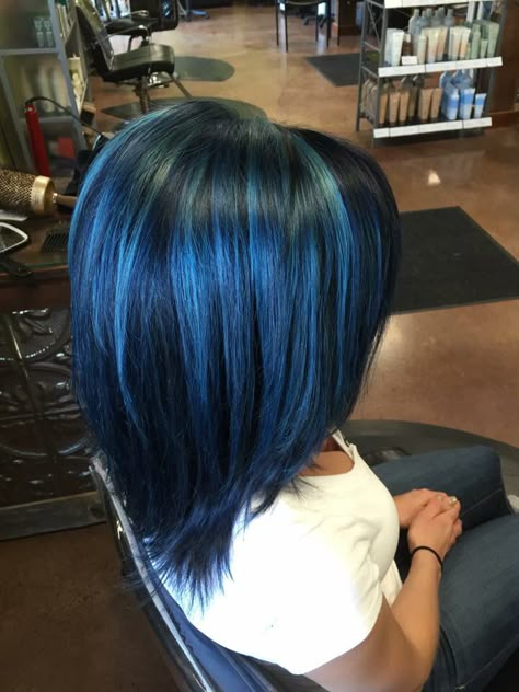 Blue Hair With Blue Highlights, Blue Hair Inspo Color, Dark Blue Hair With Light Blue Streaks, Light Blue And Black Hair, Blue And Blonde Hair Peekaboo Highlights, Electric Blue Hair Highlights, Blue Streaks In Hair, Blue Hair With Highlights, Blue Chunky Highlights