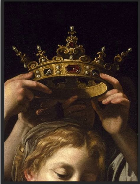 Crown Being Placed On Head, Poet Esthetics, Queen Painting Aesthetic, Female King Aesthetic, Crowning Aesthetic, Placing Crown On Head Reference, Crown Oil Painting, Crown Icon Aesthetic, Hands Holding Crown Reference