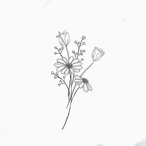 tulip and daisy sketch Tulips And Daisy Tattoo, Tulip Rose Daisy Tattoo, Simple Tattoos Daisy, Simple Gerber Daisy Tattoo, Tulip Daisy Tattoo, Daisy And Wildflower Tattoo, Wildflower Daisy Tattoo, Daisy Drawing Simple Tattoo, Tulip And Daisy Bouquet Tattoo