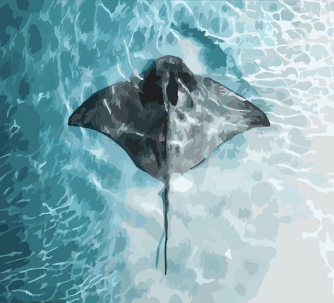 Deep Water Drawing, Stingray Art Painting, Manta Ray Painting Acrylic, Ocean Animals Aesthetic, Manta Ray Watercolor, Stingray Painting, Marine Life Painting, Stingray Art, Paintings Ocean