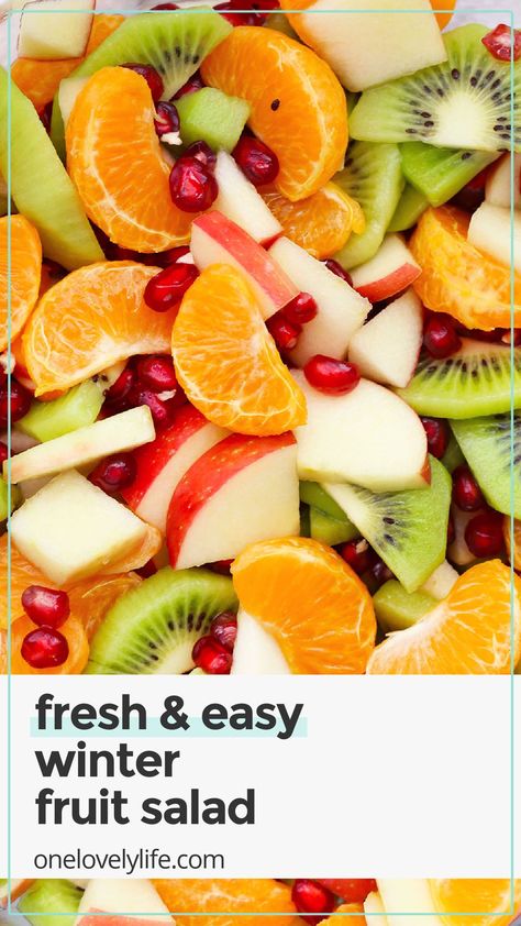 This Winter Fruit Salad with orange dressing is a delicious blend of colors & flavors. It's the perfect fruit salad recipe for a holiday brunch! (Don't miss the orange fruit salad dressing that ties it all together!) Fruit Salad With Lime Dressing, Pear Fruit Salad, Fruits Salad Recipe, Fruit Salad Winter, Winter Fruit Salad Recipes Easy, Make Ahead Fruit Salad, Vegan Fruit Salad, Winter Fruit Salad Recipe, Autumn Fruit Salad