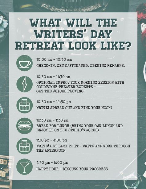 Book Retreat Ideas, Writers Retreat Spaces, Writing Retreat Aesthetic, Writers Retreat Aesthetic, Writer Retreat, Writers Retreat, Publishing Party Writers Workshop, Writer Daily Routine, The Writing Retreat Book