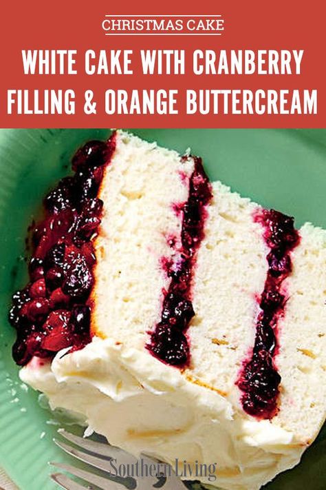 White Cake With Cranberry Filling, Flavored Buttercream, Cranberry Filling, Simple White Cake, Cranberry Christmas Cake, Cranberry Orange Cake, Orange Buttercream, Easiest Recipes, Cranberry Cake