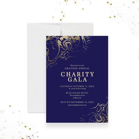 Make your special event stand out with an invitation that's sure to impress. This invitation features a luxurious gold marble design on a sapphire blue background, giving it a timeless yet modern look. This invitation would be perfect for dinner parties, birthdays, cocktail parties and professional events.The card reads: Charity Gala (but you can edit the text to suit your event)BLACK AND GRAY VERSION BUNDLE SEThttps://claudiaowen.com/products/gala-invitation-edit-yourself-template-89332BLACK AND GRAY INVITATION ONLYhttps://claudiaowen.com/products/gala-invitation-editable-template-formal-digital-download-corporate-event-company-office-party-printable-work-party-silver-marble-64955421BLACK AND GOLD INVITATION ONLYhttps://claudiaowen.com/products/annual-dinner-gold-gala-party-invitation-756 Charity Gala Invitation, Professional Invitation Design, Work Anniversary Party, Company Invitation, Gray Invitation, Black And Gold Invitations, Event Invitation Design, Gala Invitation, Corporate Dinner