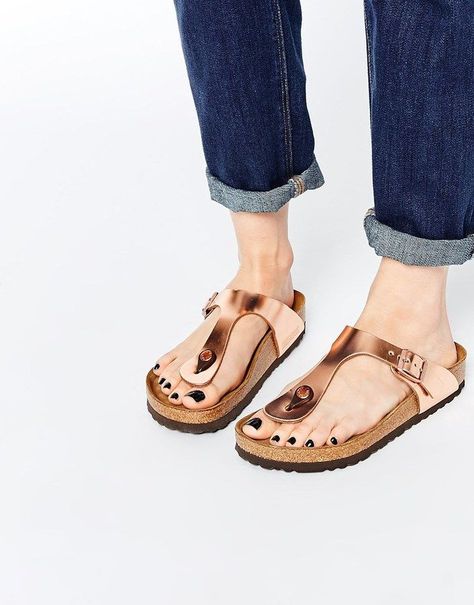 Birkenstock Gizeh Metallic Copper Slider Flat Sandals Metallic Birkenstocks, Copper Shoes, Cool Sandals, Sandals Birkenstock, Toe Thong Sandals, Birkenstock Sandals Arizona, Beautiful Sandals, Metallic Copper, Sandals Flat