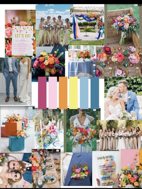 Colourful Wedding Pallet, Multicolor Spring Wedding, Bright Spring Color Wedding, Bright Summer Wedding Color Palette, Bright Flowers Wedding Bridesmaids, Fall Bright Wedding Colors, Bright Wedding Colour Schemes, Colourful Wedding Colour Schemes, Wildflower Wedding Colour Scheme