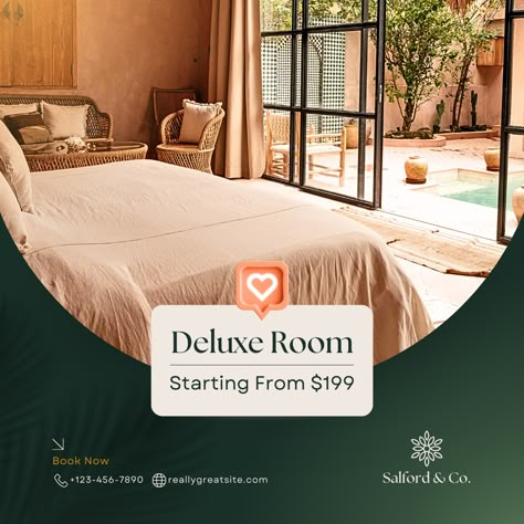 Green White Minimalist Hotel & Resort Room Promotion Instagram Post Canva Template #instagram #socialmedia #ig #story #canva #template #post #social #media #hotel #resort Hotel Post Design, Hotel Promotion Design, Hotel Grid Instagram, Hotel Poster, Hotel Instagram Feed, Hotel Social Media Post Ideas, Resort Social Media Post Ideas, Hotel Room Social Media Post, Hotel Social Media Design