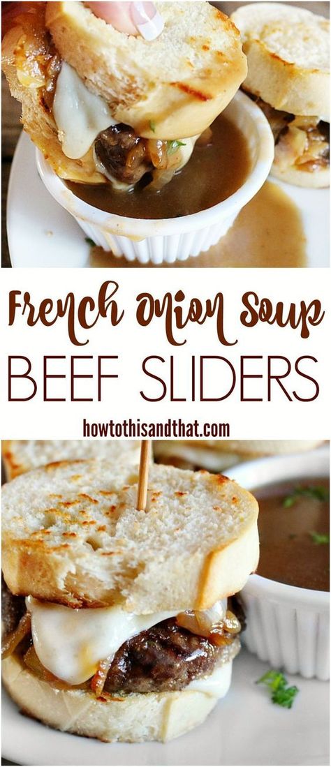 A twist on classic French Onion Soup that you absolutely have to try! These beef sliders are juicy and easy to make.  Game day, appetizers Dinner Soups, Sliders Recipes Beef, Cream Soups, Soup Beef, Classic French Onion Soup, Onion Soup Recipe, Soup Appetizers, French Onion Soup Recipe, Beef Sliders