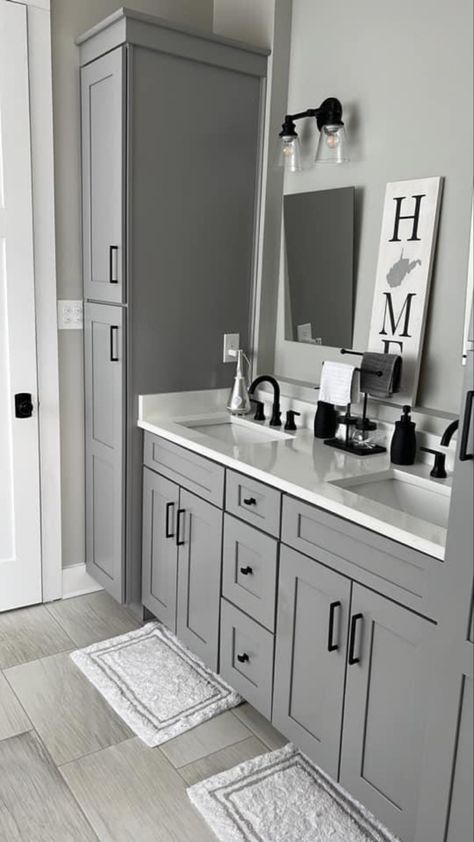 Two Tone Grey Bathroom, Grey And Matte Black Bathroom, Bathroom Ideas With Grey Cabinets, Bathroom Remodel With Gray Vanity, Gray Bathroom Cabinets Black Hardware, Gray Painted Bathroom Cabinets, Gray Bathroom With Black Fixtures, Bathroom Remodel Gray Vanity, Bathroom Grey Vanity Ideas