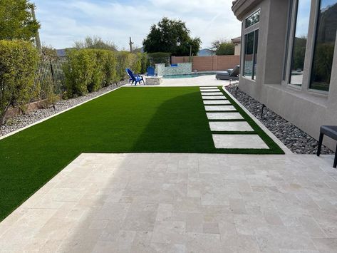 pavers-patios-backyard Cement And Turf Backyard, Las Vegas Backyard Landscaping Ideas, Pavers With Turf, Patio Outdoor Ideas, Turf Backyard Ideas, Backyard Pavers, Simple Landscaping Ideas, Grass Backyard, House Fever