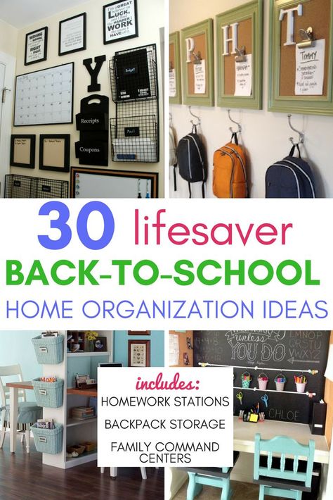 Are you trying to avoid the usual chaos with your kids and school this year? Organization is the key to their success and your sanity! Check out these brilliant ideas for back to school home organization. You'll find inspiration and supply lists for homework stations, backpack storage and family command centers! Click to find out how to reclaim your sanity this year! #backtoschool #homehacks #organization #ideas #tips #homeorganization #homeworkstation #backpacks #commandcenter School Organization At Home, School Organization Ideas, Kids School Organization, School Work Organization, Family Command Centers, Organization Ideas For The Home, Home Command Center, Homework Organization, Organizational Hacks