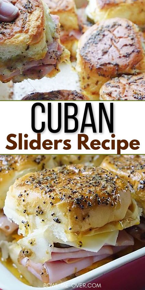 Two photos of baked Cuban sliders sandwiches in casserole dish. The top photo has a person reaching in and removing a sandwich. With Pinterest overlay. Hawaiian Buns Sliders, Hot Sliders Recipes, Baked Sandwich Sliders, Hot Slider Sandwiches Hawaiian Rolls, Sliders With Kings Hawaiian Rolls, Tailgate Sliders Hawaiian Rolls, Sandwich Hawaiian Rolls, Dinner Roll Sliders, Pull Apart Hawaiian Roll Sliders