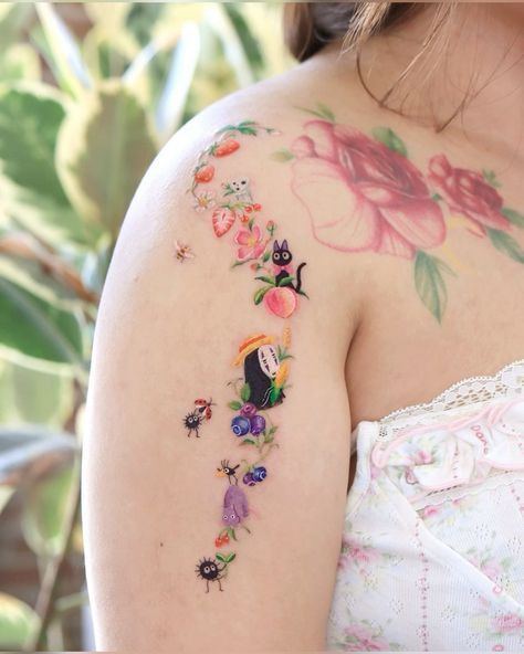 Painted Flower Tattoo, Secret Life Of Arrietty Tattoo, Ghibli Sleeve Tattoo, Ovenlee Tattoo, No Face Tattoo, Ponyo Tattoo, Miyazaki Tattoo, Cat Lover Tattoo, Tatuaje Studio Ghibli