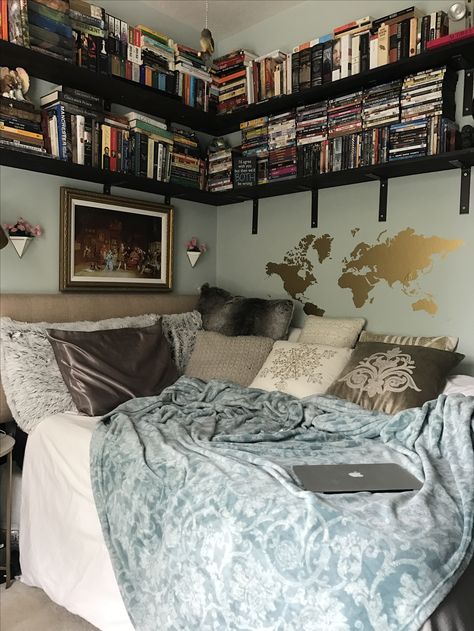 Small Rooms With Bookshelves, Overhead Bookshelf Bedroom, A Readers Bedroom, Bed Next To Bookshelf, Bookshelves With Bed, Bookshelves In Bedroom Floating, Floating Bed In Corner, Bed In Bookshelf, Bedroom With Bookshelf Ideas