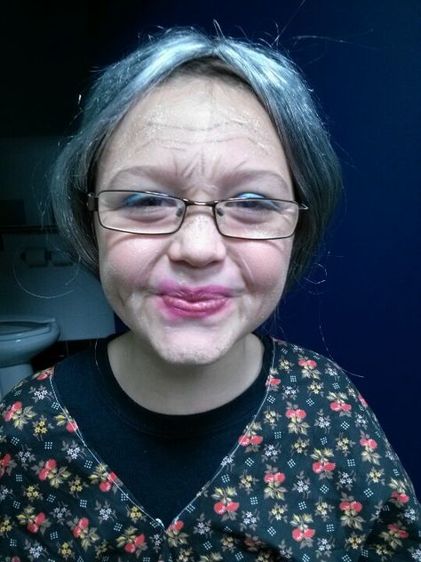 Old lady make up I did for her Old Lady Hairstyles For Kids, Zombie Makeup Easy, Age Makeup, Old Age Makeup, Makeup Wrinkles, Homecoming Spirit Week, Aging Makeup, School Spirit Days, Old Lady Costume