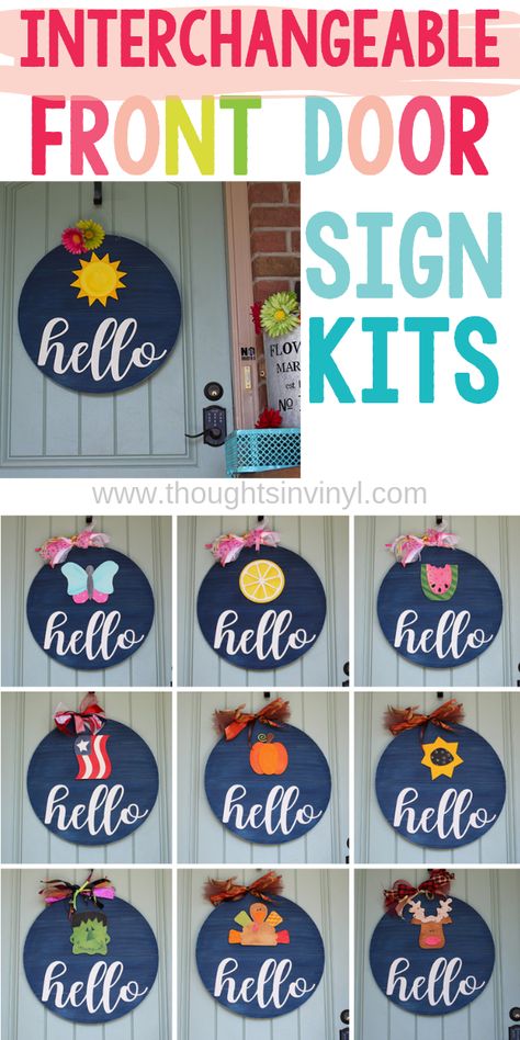 Diy Changeable Wreath, Cricut Door Hanger Wood Signs, Seasonal Door Decor, Interchangeable Door Hanger Diy, Changeable Door Sign, Interchangeable Door Sign, Diy Interchangeable Welcome Sign, Front Door Signs Diy, Hello Sign Front Door